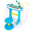 Adjustable microphone on a blue kids piano keyboard toy with 31 keys and sturdy stool for engaging musical play.