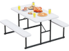 Rectangular white picnic table bench set for 2-4 people, featuring HDPE surfaces and metal frames, ideal for outdoor.