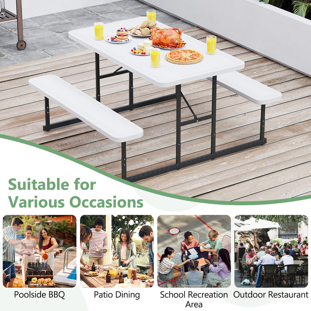 Rectangular picnic table bench set for 2-4 people, white HDPE surface, ideal for outdoor dining and gatherings.