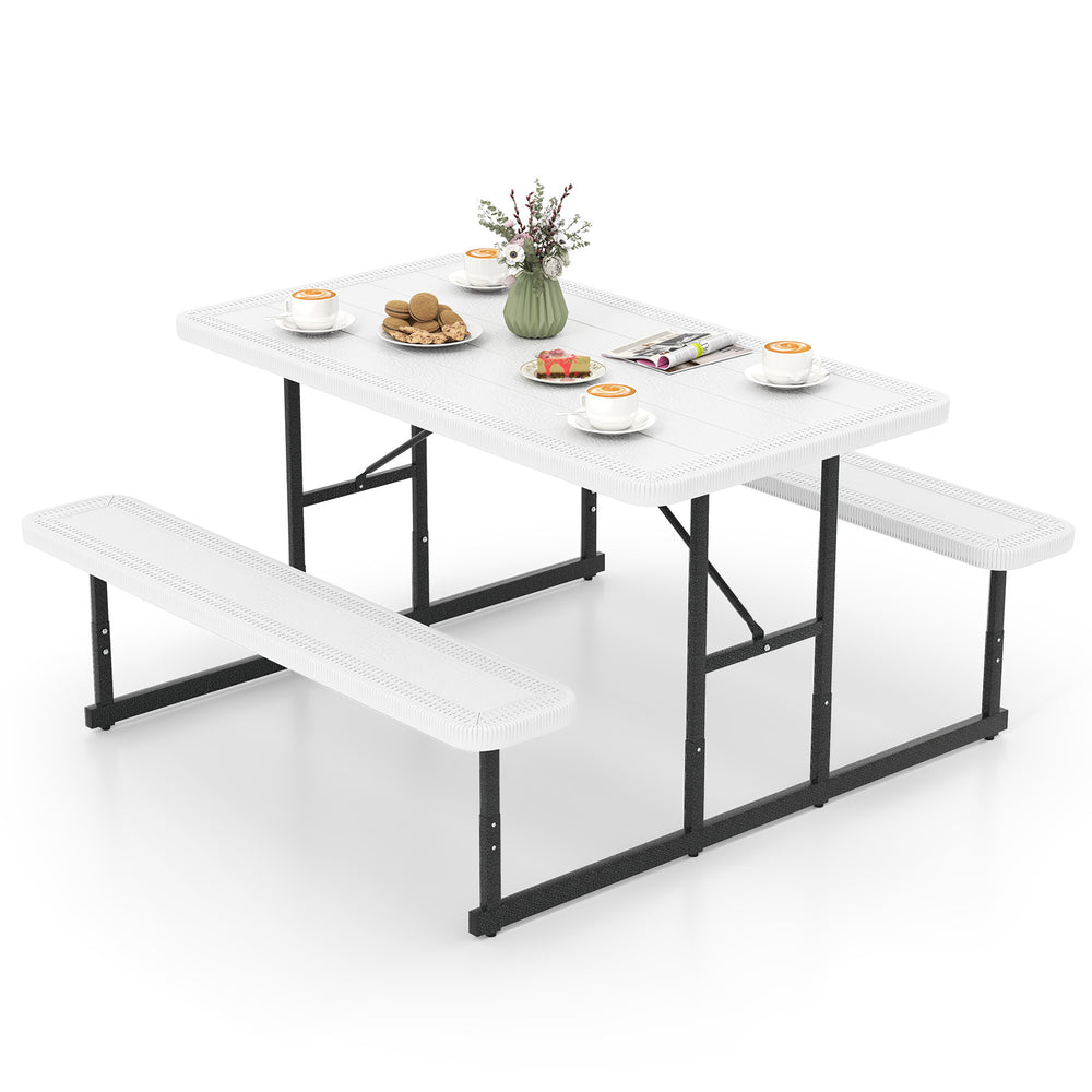 White picnic table bench set with adjustable footpads, accommodating 2-4 people, perfect for outdoor gatherings and.