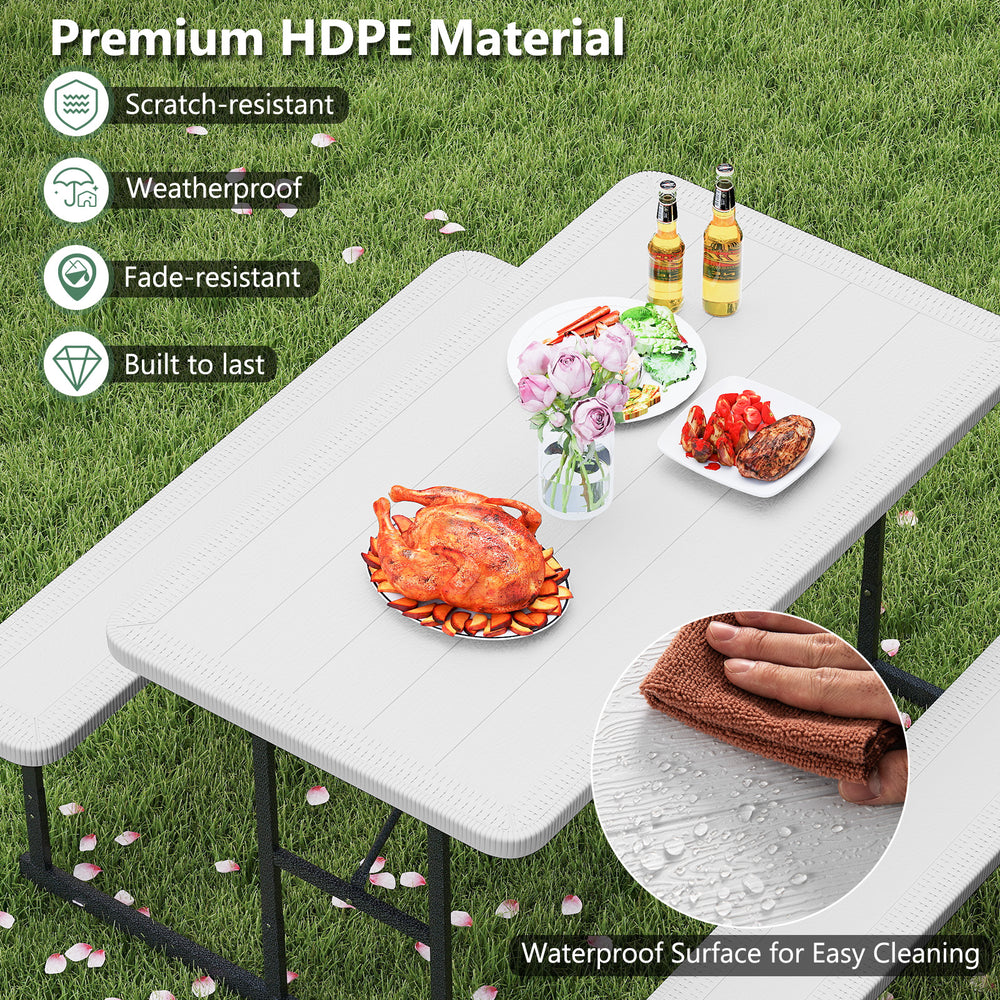 Rectangular picnic table bench set for 2-4 people, made of white HDPE, waterproof surface, ideal for outdoor dining.