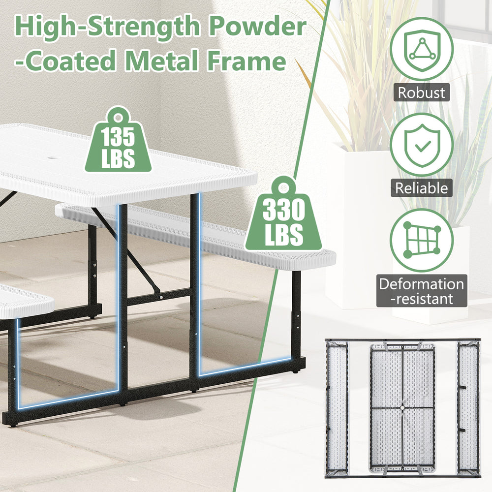 Picnic table bench set with HDPE surfaces and high-strength metal frame, ideal for outdoor dining for 2-4 people.