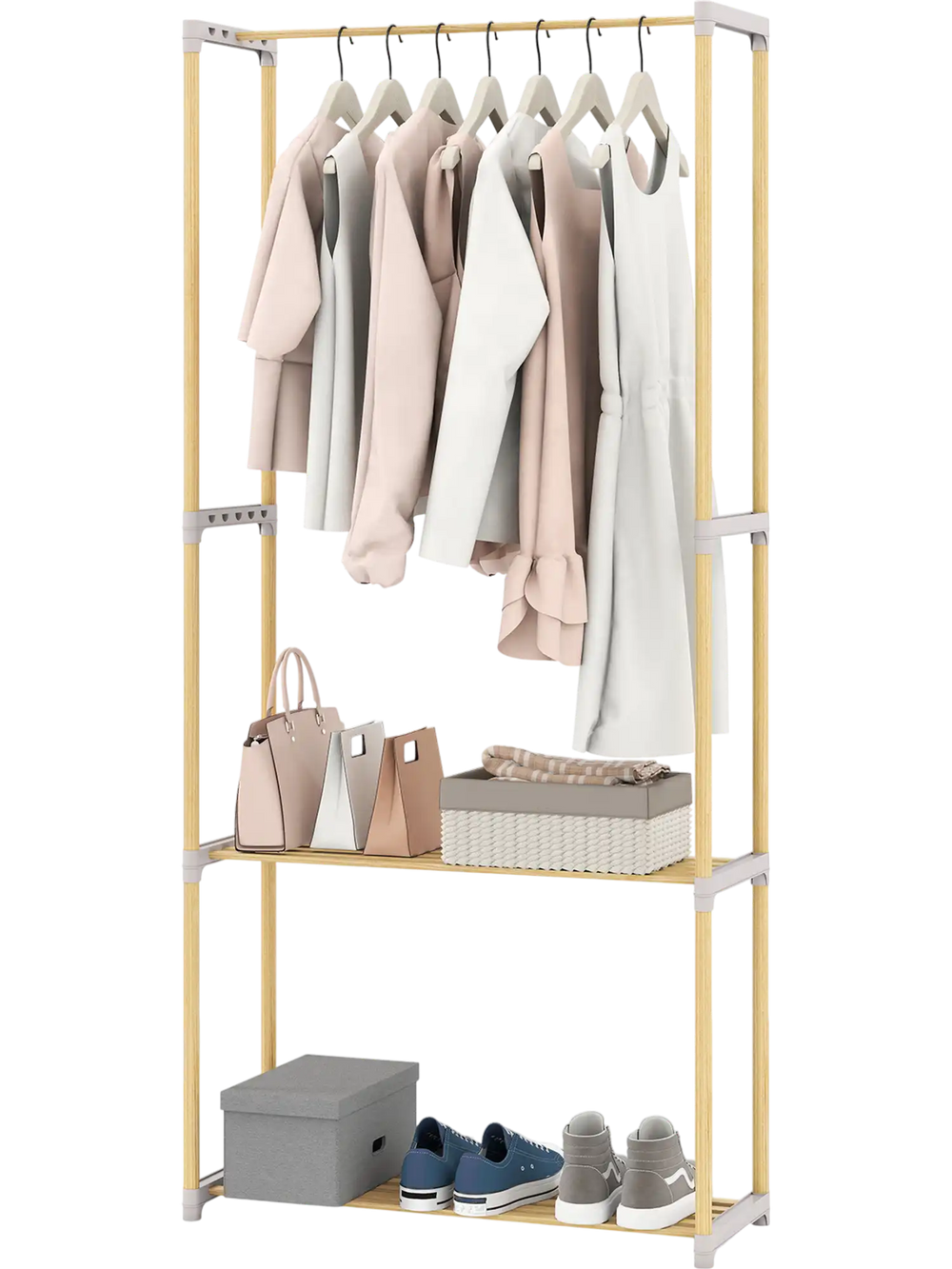 Pine wood clothes rack with hanging rod and 2-tier open storage shelf, perfect for organized bedroom or hallway use.