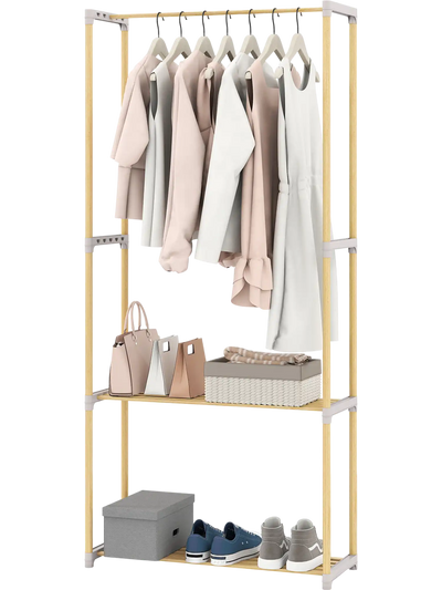 Costway Pine Wood Clothes Rack Wardrobe w/ 2-Tier Open Storage Shelf 68370215 New