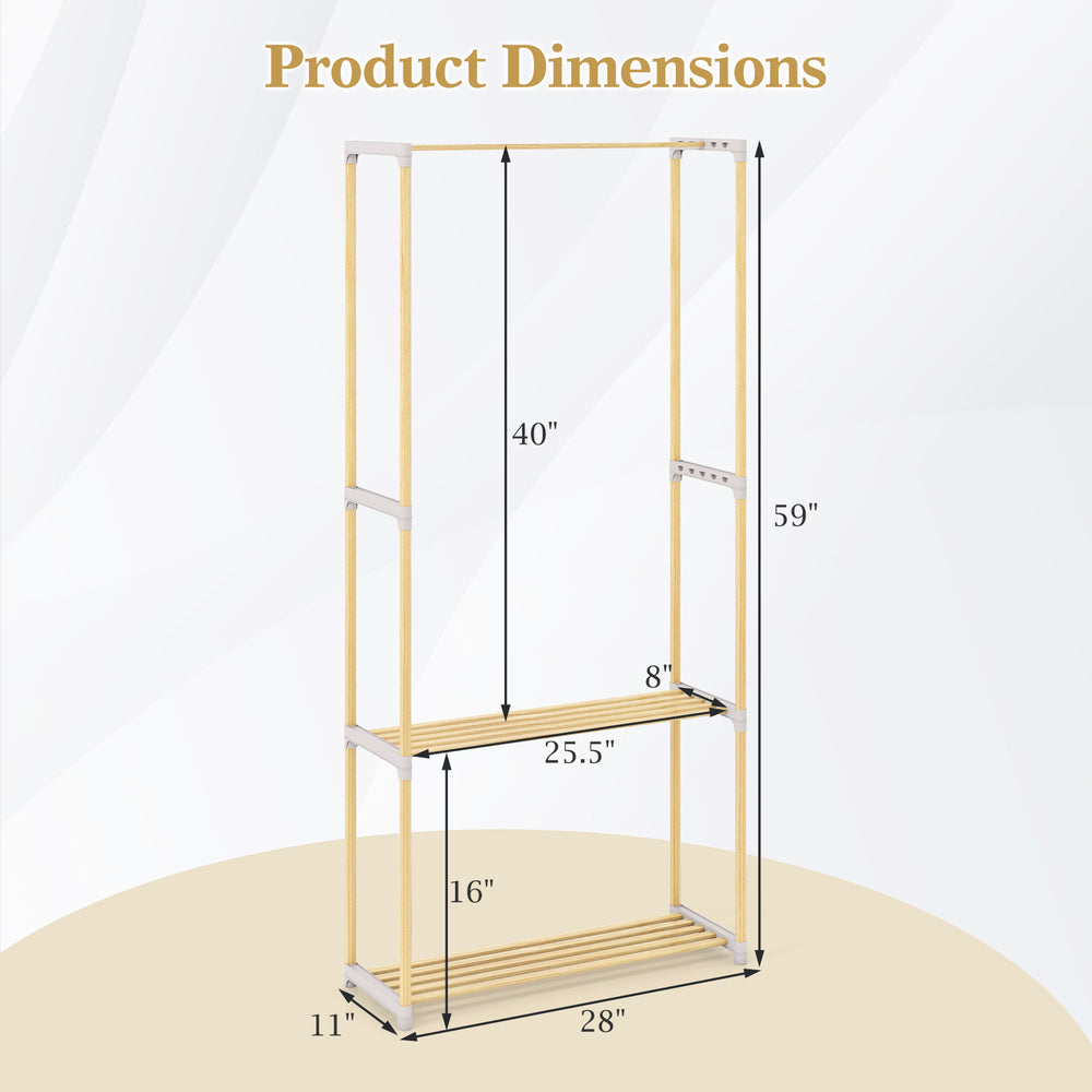 Pine wood clothes rack dimensions showing a 2-tier open storage shelf for organized hanging clothes in gray.