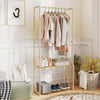 Pine wood clothes rack with gray finish and 2-tier open storage shelf, ideal for organized bedroom or hallway use.