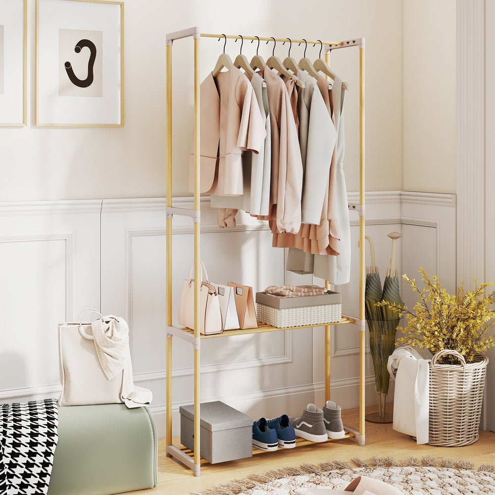Pine wood clothes rack with gray finish and 2-tier open storage shelf, ideal for organized bedroom or hallway use.