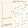 Pine wood clothes rack with 2-tier open storage shelf, featuring tool-free assembly and anti-slip feet for stability.