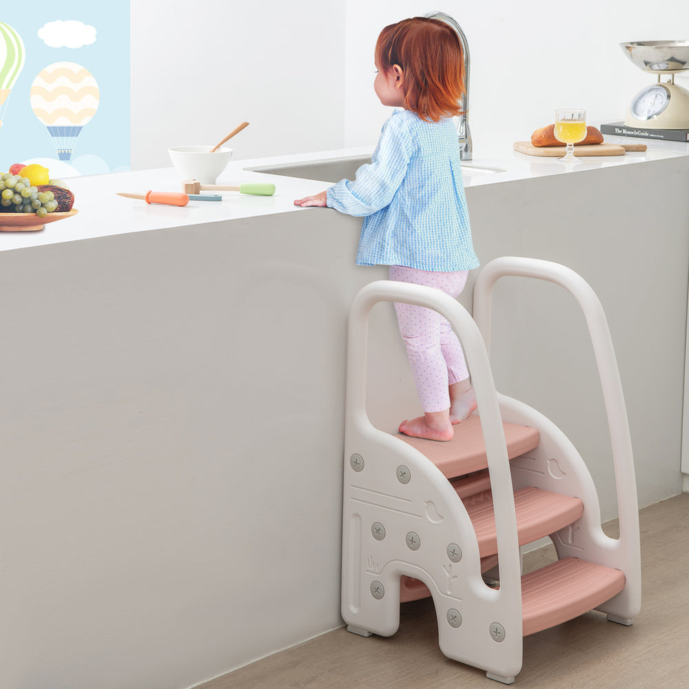 3-Step Stool with Safety Handles and Non-slip Pedals for Toddlers-Pink - Gallery View 1 of 10