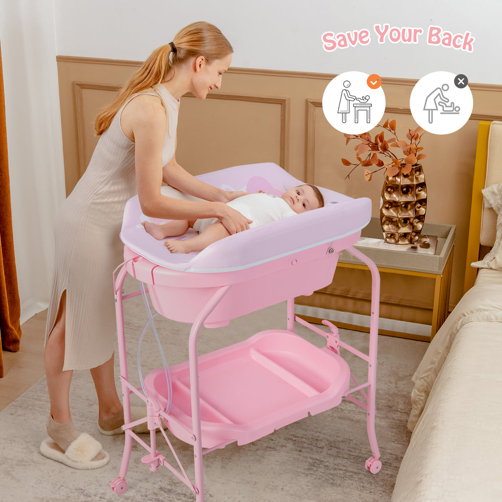 Folding Baby Changing Table with Bathtub and 4 Universal Wheels-Pink - Gallery View 1 of 11