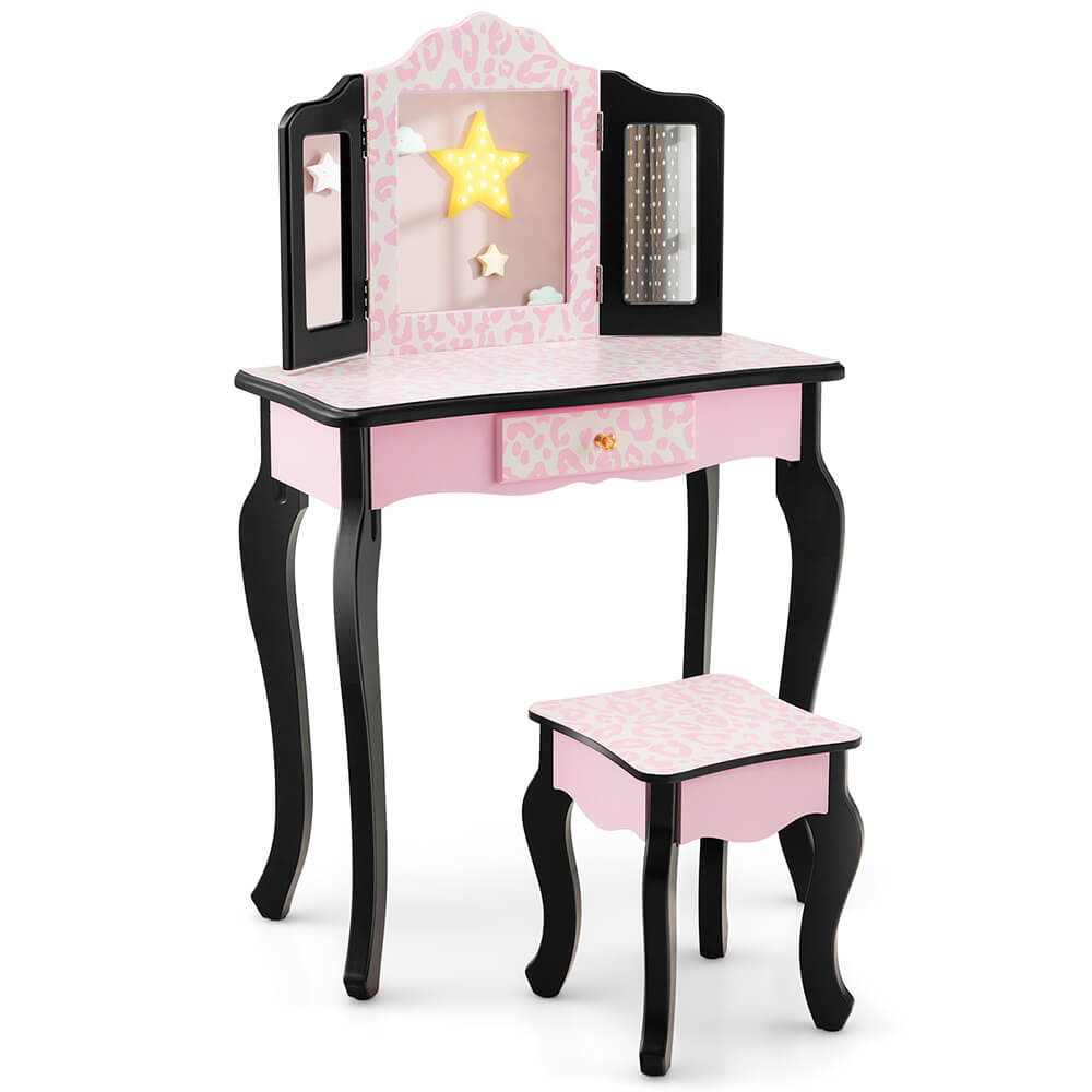 Kid vanity set with tri-folding mirror, leopard print in pink and black, perfect for makeup and dressing-up fun.