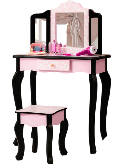Costway Kids Vanity Set Tri-Folding Mirror Leopard Print Pink 58930762 New