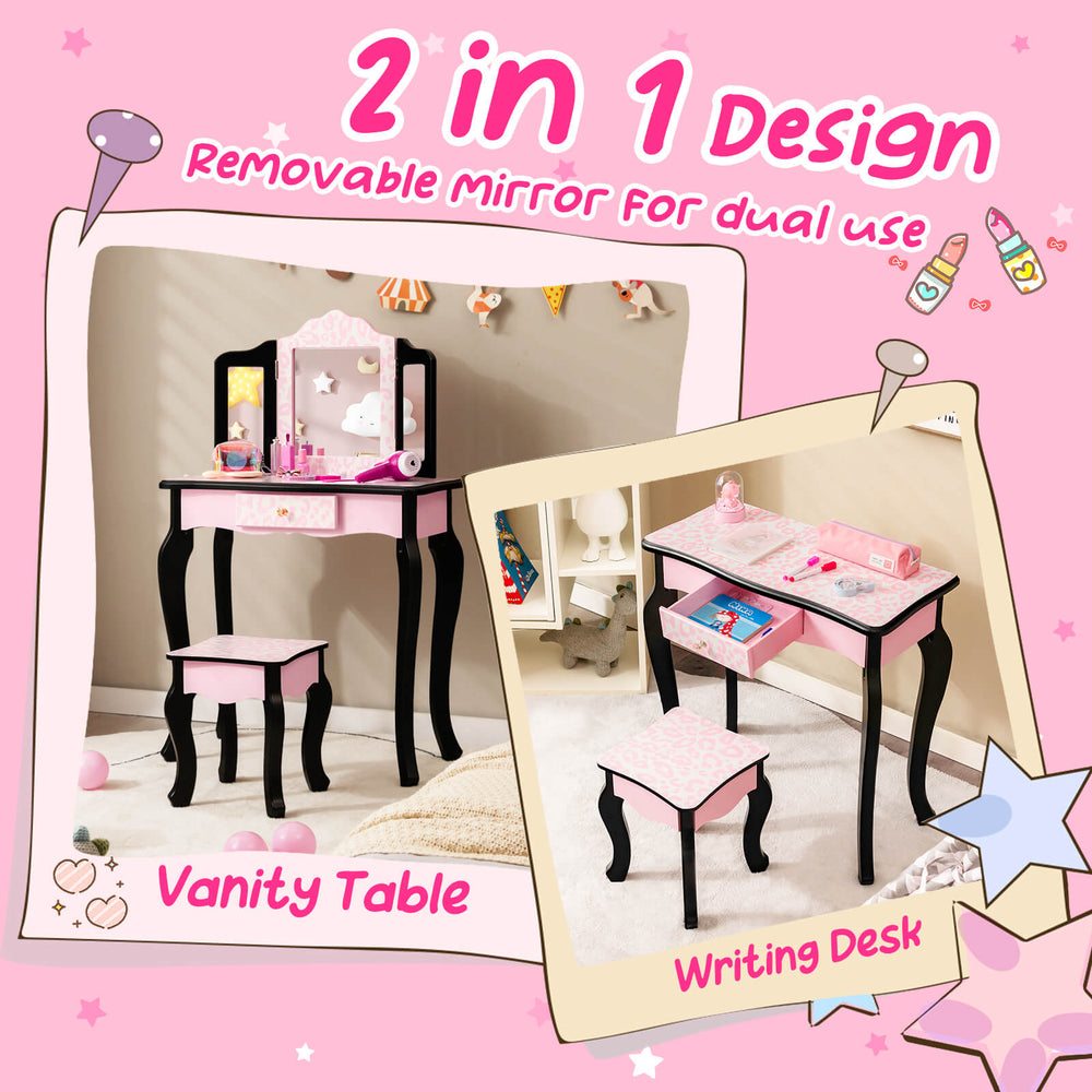 Kid vanity set featuring a tri-folding mirror and leopard print design, convertible to a writing desk for versatile use.