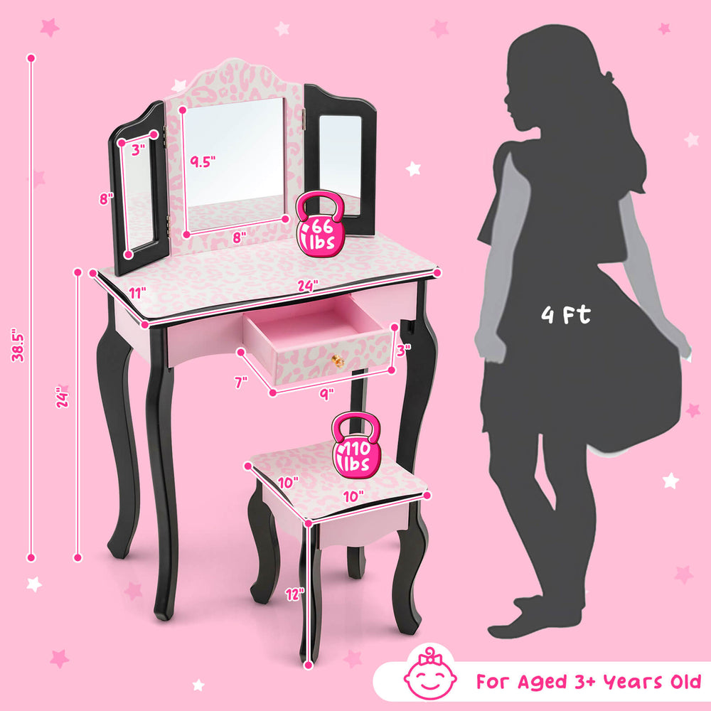 Kid vanity set with tri-folding mirror, leopard print, and sturdy MDF construction, perfect for ages 3 and up.