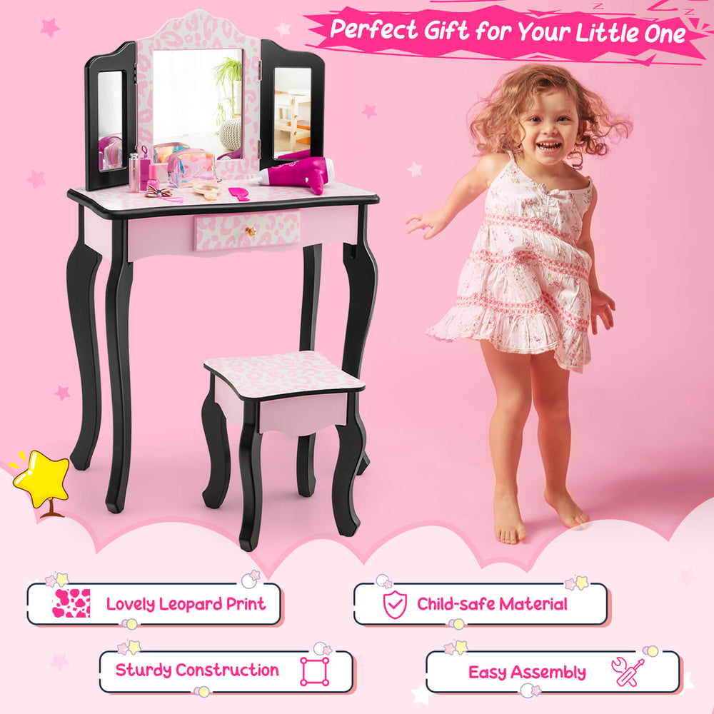 Kid vanity set with tri-folding mirror and leopard print in pink, perfect for imaginative play and dressing up.