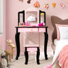 Kid vanity set with tri-folding mirror in pink and leopard print, perfect for makeup and dressing-up fun in a child's.