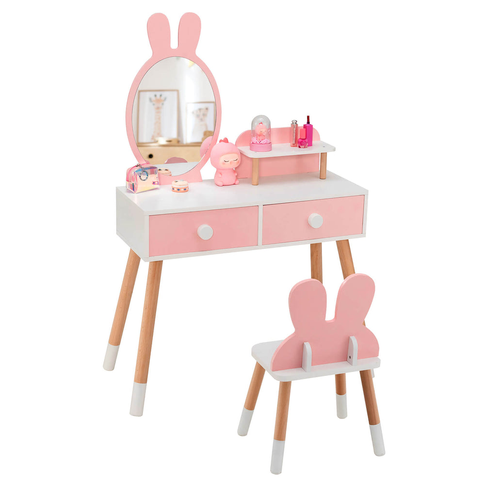 Kids vanity table set in pink with rabbit mirror, storage drawers, and ergonomic chair for bedrooms or playrooms.