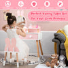 Kids vanity table set with pink rabbit mirror and chair, featuring ample storage and rounded edges for safety.