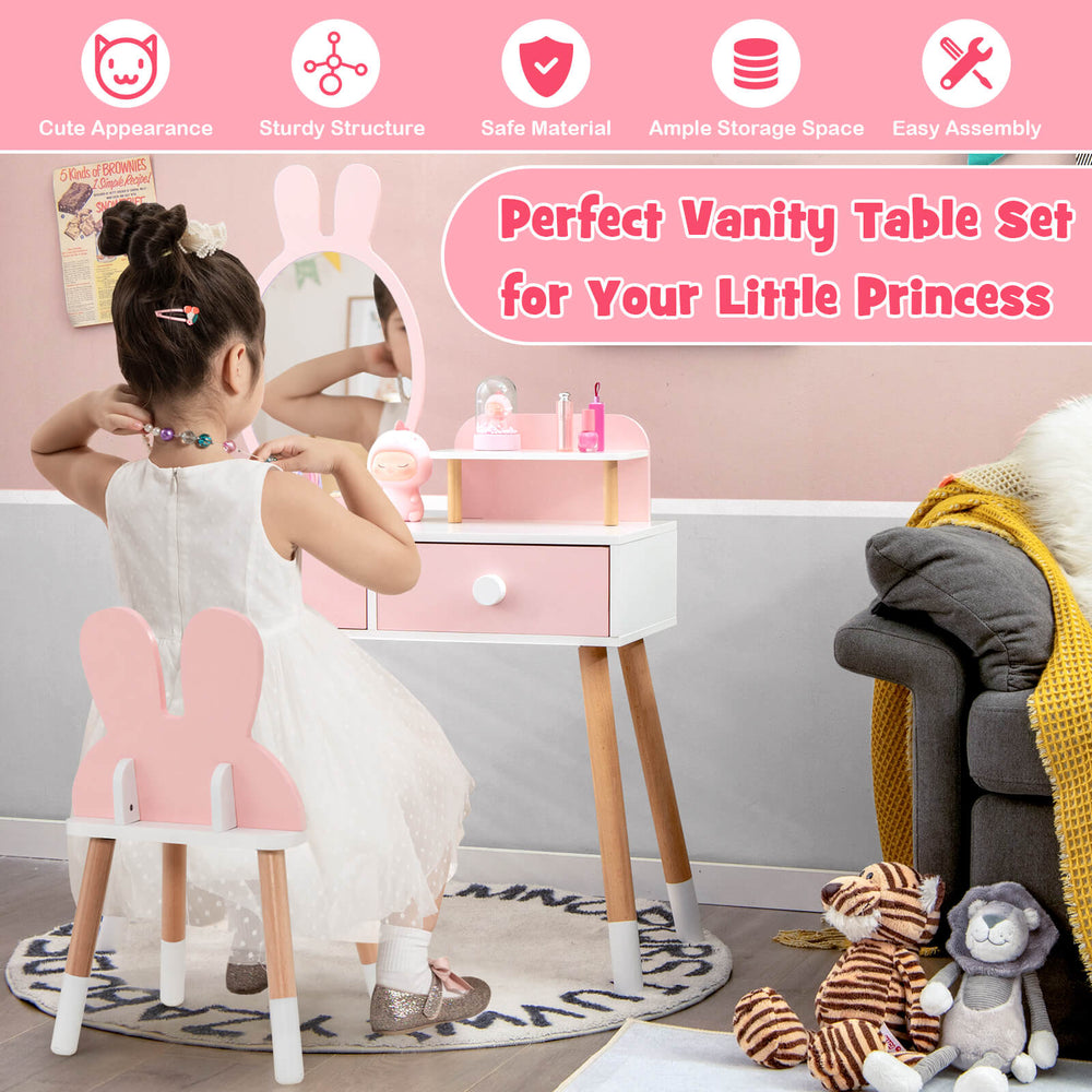 Kids vanity table set with pink rabbit mirror and chair, featuring ample storage and rounded edges for safety.