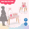 Kids vanity table and chair set in pink with rabbit mirror, featuring two drawers and beech wood legs for stability.