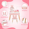 Kids vanity table set with pink rabbit mirror, beech wood legs, two drawers, and storage shelf for playroom decor.