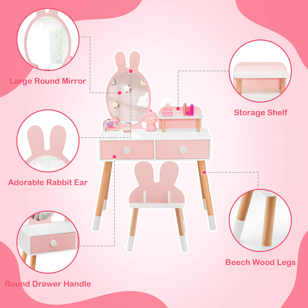 Kids vanity table set with pink rabbit mirror, beech wood legs, two drawers, and storage shelf for playroom decor.