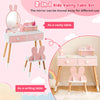 Kids vanity table set in pink with rabbit mirror, featuring drawers and a chair, perfect for bedrooms and playrooms.