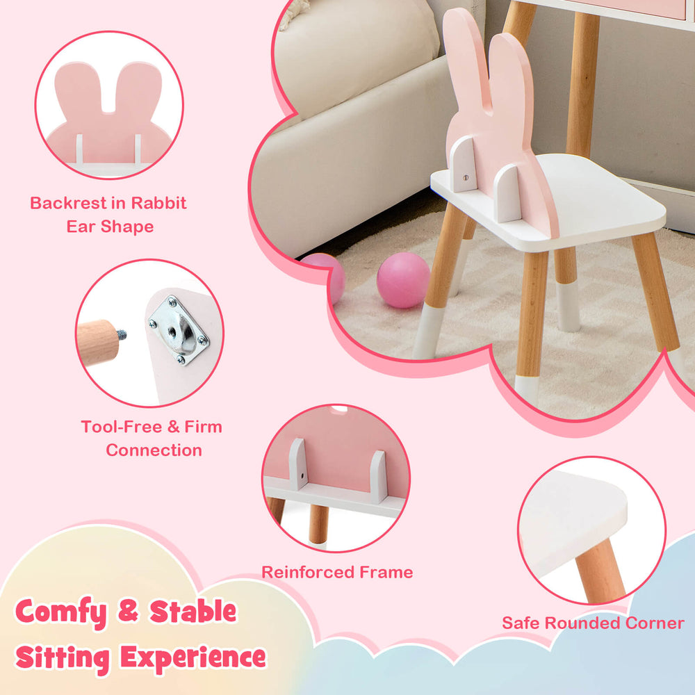 Kids chair with rabbit ear backrest, made of MDF and beech wood, designed for comfort in playrooms or bedrooms.
