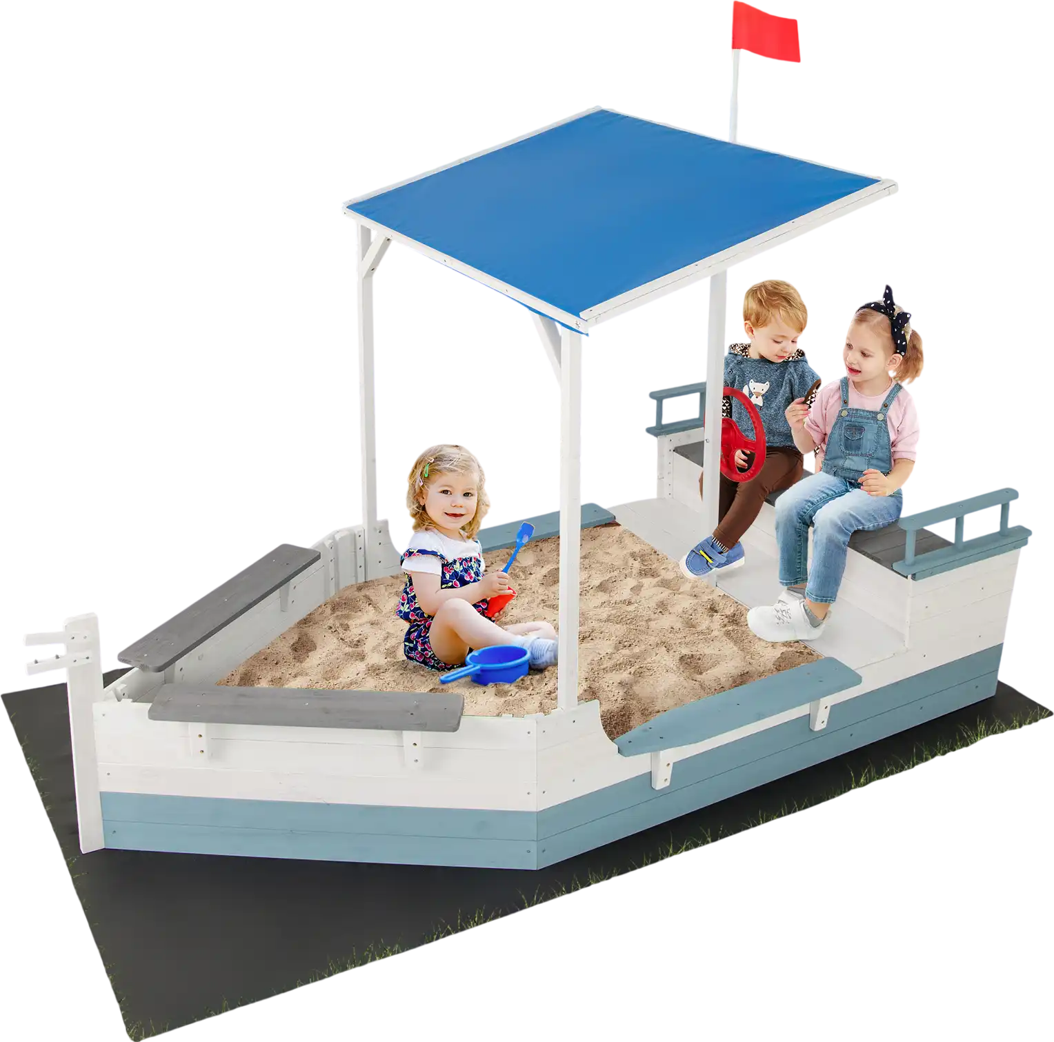 Costway Pirate Ship Sandbox Canopy Bench Seats Bottom Liner White 427139568 New