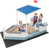 Pirate ship sandbox with canopy, built-in bench, and storage compartments for backyard play and comfort.