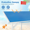 Protective canopy on the pirate ship sandbox, providing shade and comfort for kids during outdoor play.