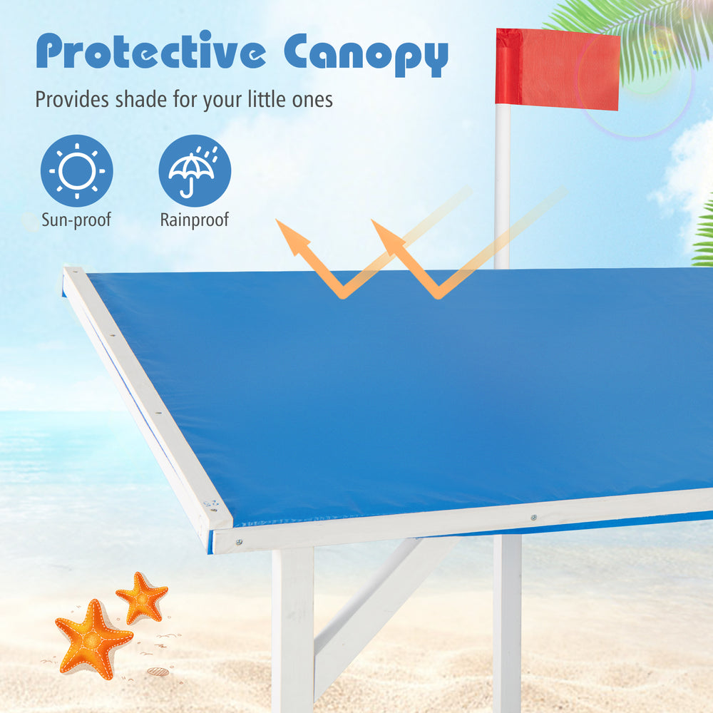 Protective canopy on the pirate ship sandbox, providing shade and comfort for kids during outdoor play.