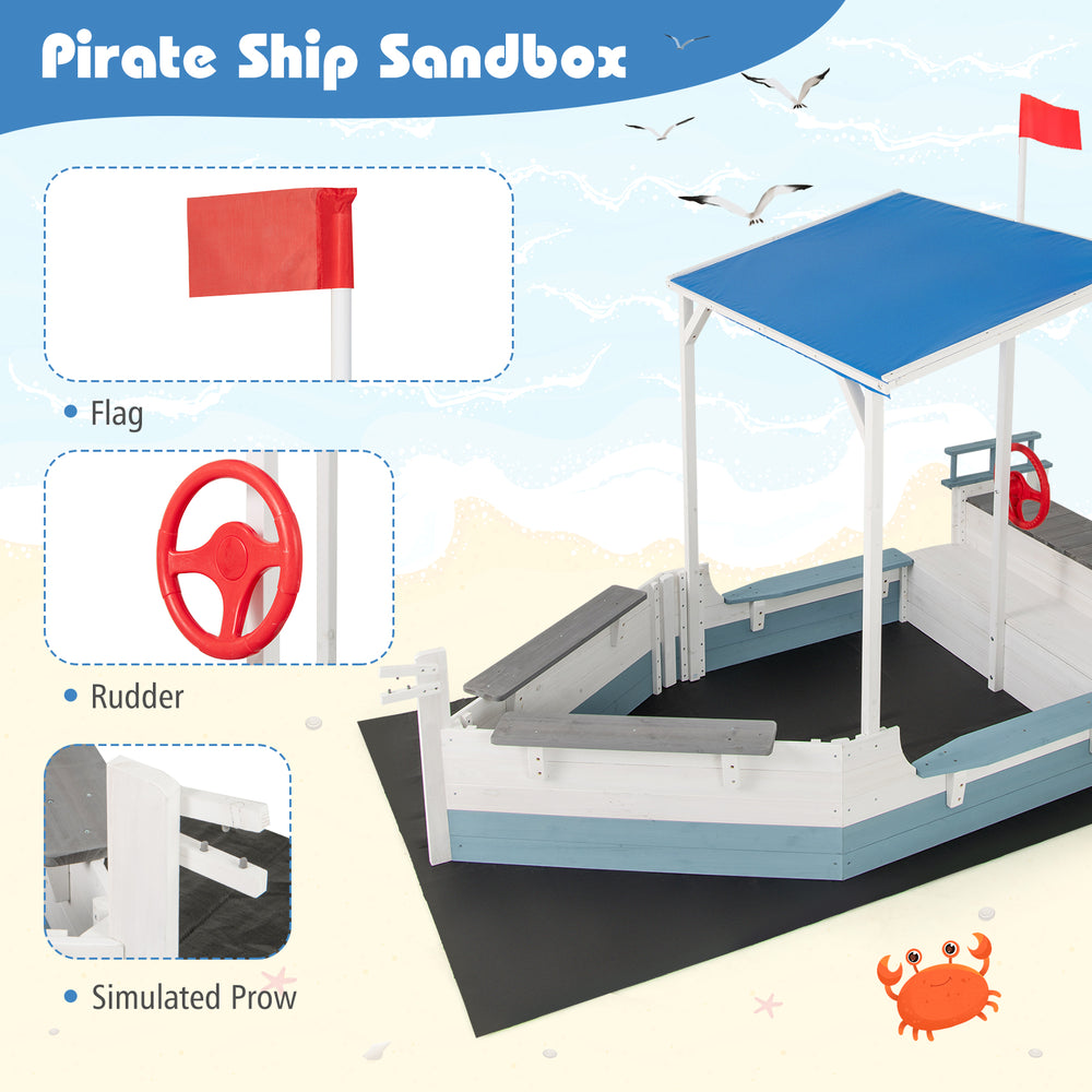 Pirate ship sandbox with canopy, bench seats, and rudder, made of durable fir wood for backyard fun.
