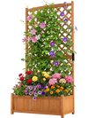 Planter raised bed with trellis in natural wood, featuring colorful flowers for vibrant garden decor and climbing plants.