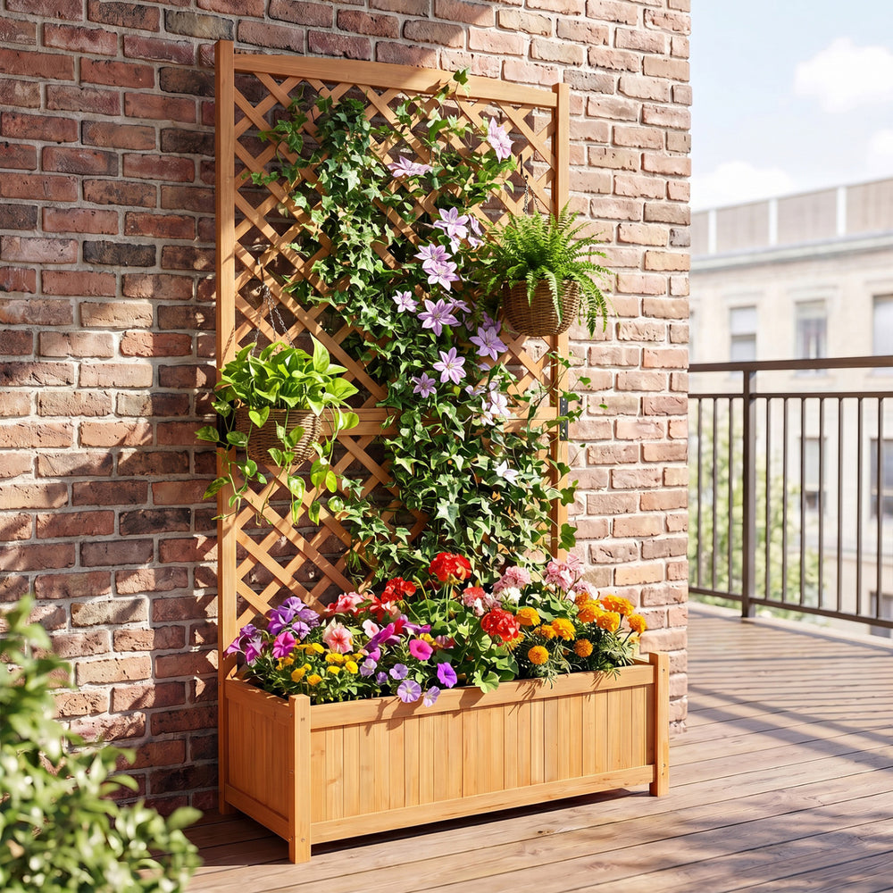 Planter raised bed with trellis in natural wood, ideal for climbing plants and vibrant flowers on a balcony or patio.