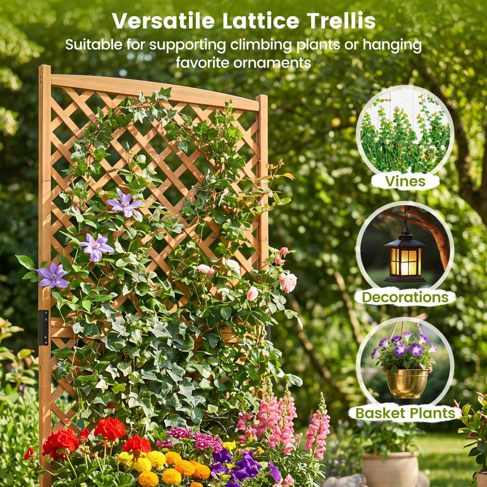 Versatile lattice trellis with planter box for climbing plants, crafted from durable fir wood, ideal for garden decor.