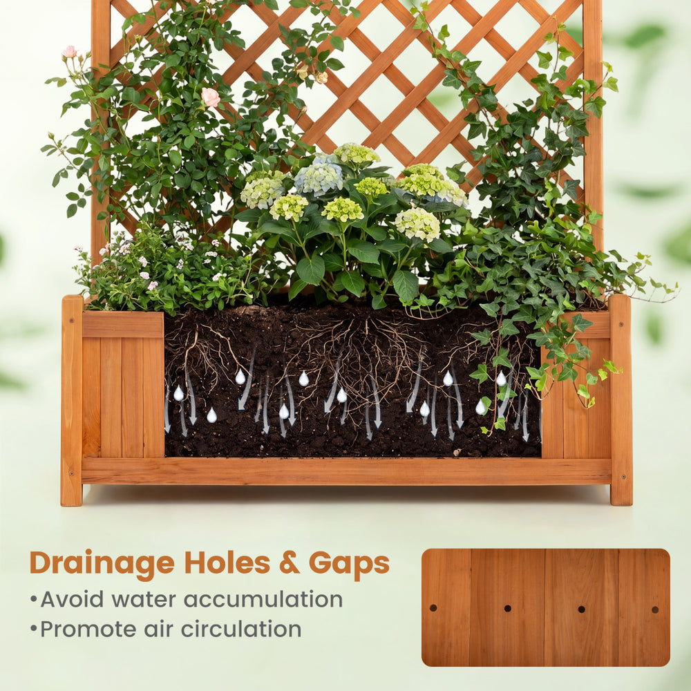 Planter raised bed with trellis for climbing plants, crafted from solid fir wood with drainage holes for air circulation.