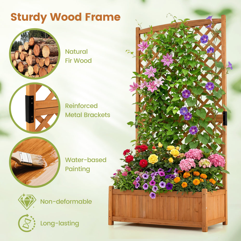 Planter raised bed with trellis made of fir wood, featuring a diamond lattice design for climbing plants in outdoor spaces.