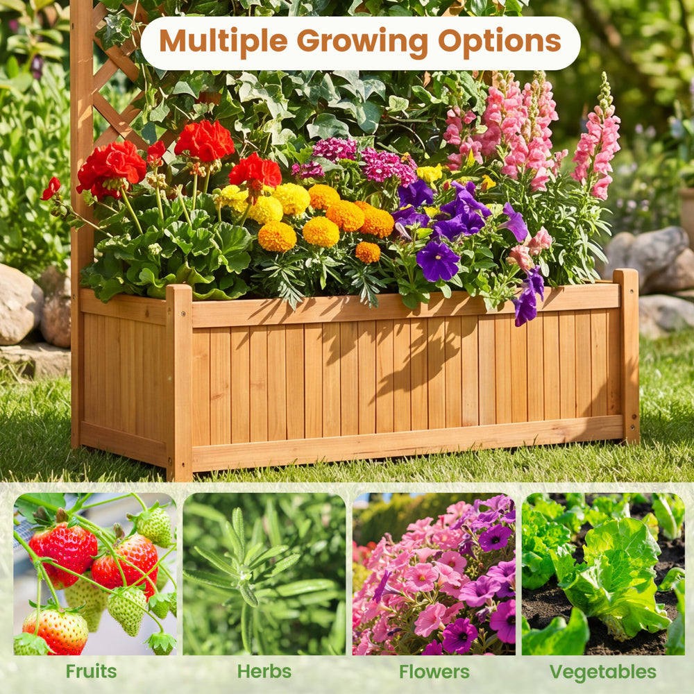 Raised planter bed with trellis for climbing plants, crafted from solid fir wood, perfect for garden or patio decor.