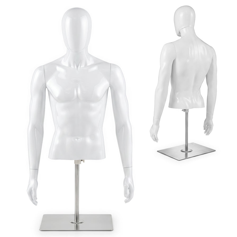 Half body male mannequin with adjustable head and arms, made of durable PP material, perfect for displaying various clothing.