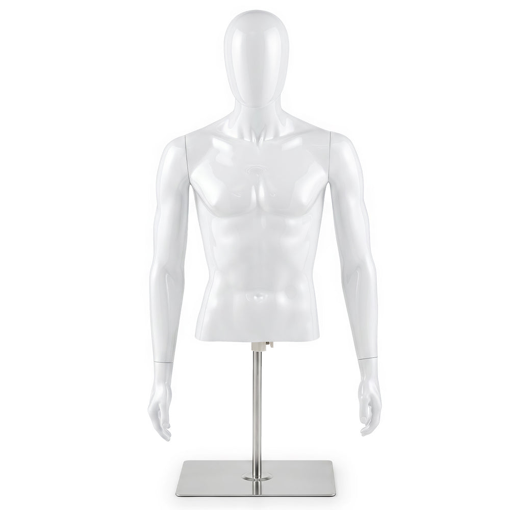Plastic half body male mannequin with a sturdy metal base and customizable pose, perfect for showcasing t-shirts and accessories.