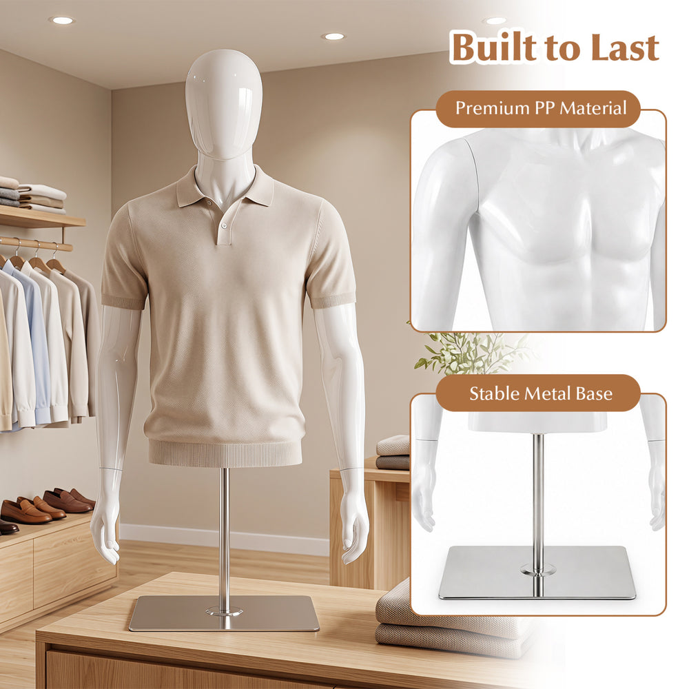 Plastic half body male mannequin with adjustable head and arms, featuring a stable metal base for versatile clothing display.