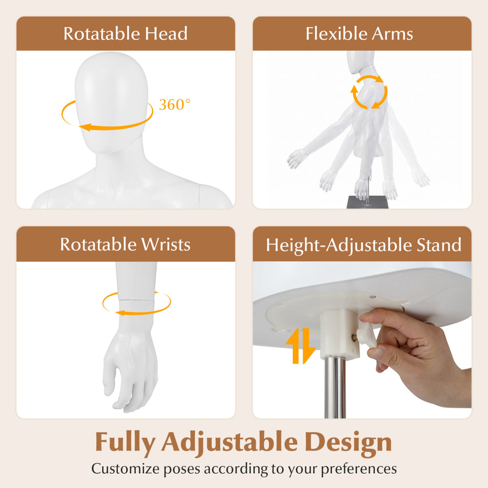 Adjustable male mannequin with rotatable head, flexible arms, and height-adjustable stand for versatile clothing display.