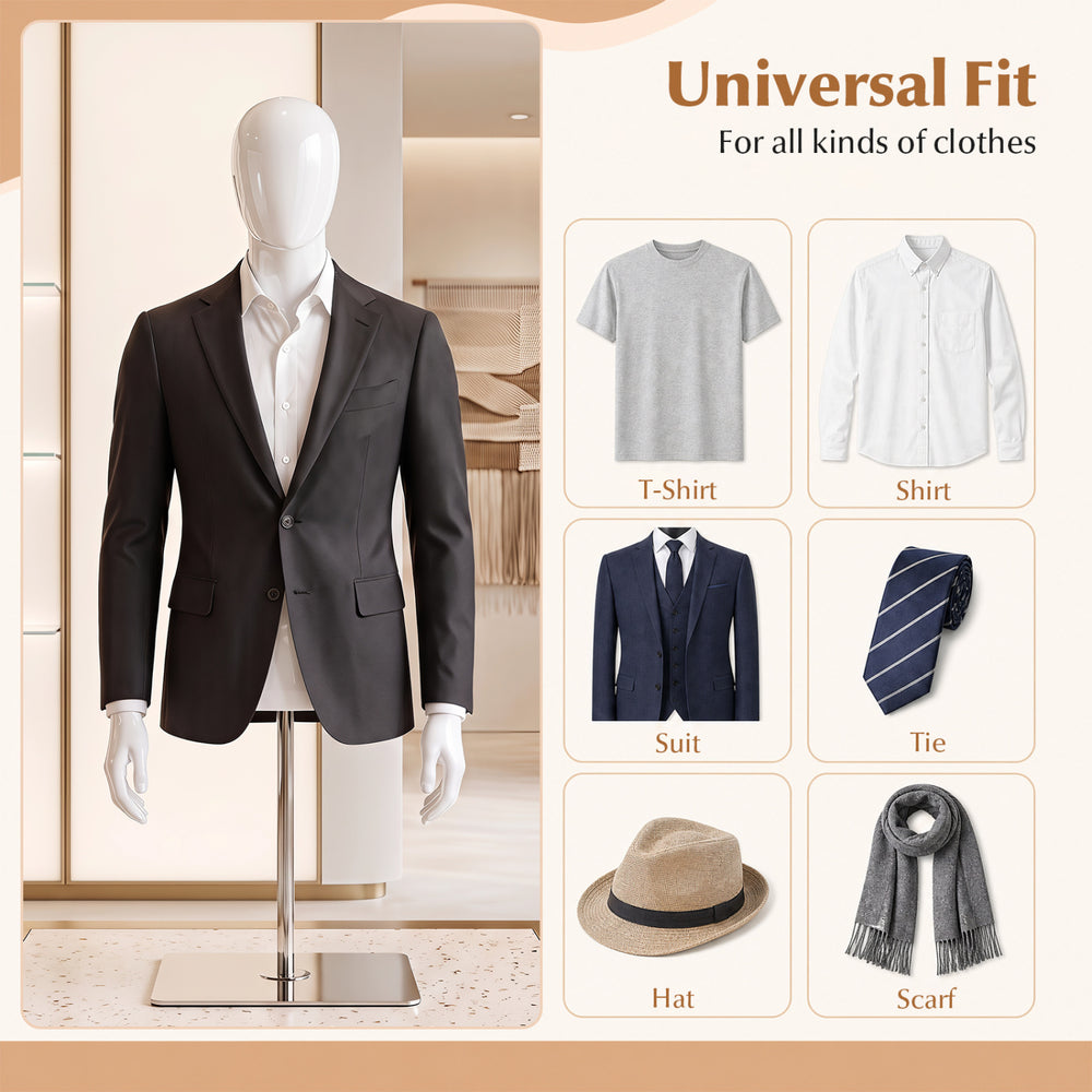 Plastic half body male mannequin with adjustable features, ideal for displaying various clothing items in stores and studios.