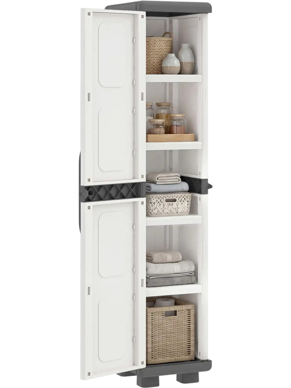 Plastic kitchen pantry with 4 adjustable shelves in gray, designed for compact storage in living rooms and kitchens.