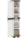 Plastic kitchen pantry with 4 adjustable shelves in gray, designed for compact storage in living rooms and kitchens.