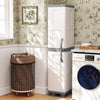 Plastic kitchen pantry with single door and 4 adjustable shelves, designed for compact storage in living room or.