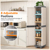 Plastic kitchen pantry with 4 adjustable shelves in gray, designed for customized storage in narrow spaces.
