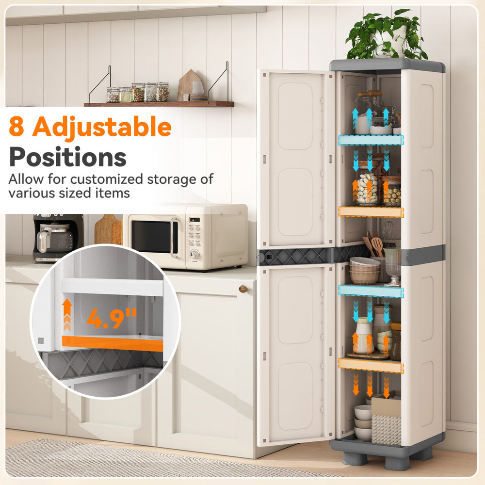 Plastic kitchen pantry with 4 adjustable shelves in gray, designed for customized storage in narrow spaces.