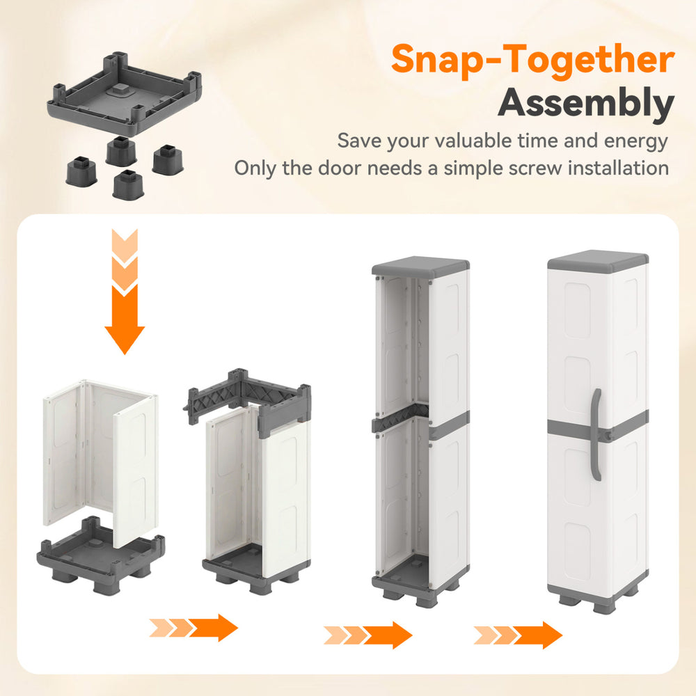 Plastic kitchen pantry in gray with snap-together assembly, featuring 4 adjustable shelves for customized storage.